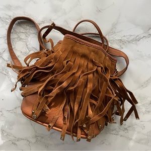 Free people Mini fringe Vegan leather stud bucket bag hobo vintage festival